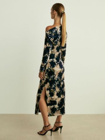 Reiss Briana Ruched Abstract-Print Velvet Dress Navy