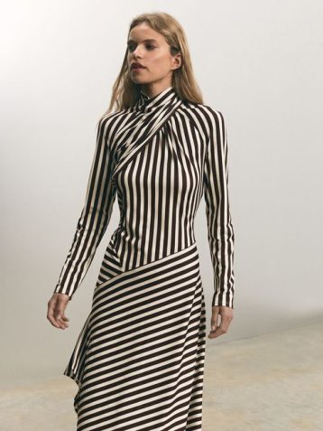 Reiss Cat Striped Jersey Asymmetric Midi Dress Brown Cream