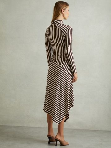 Reiss Cat Striped Jersey Asymmetric Midi Dress Brown Cream