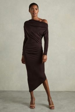 Reiss Fleur Off-The-Shoulder Ruched Jersey Midi Dress Brown