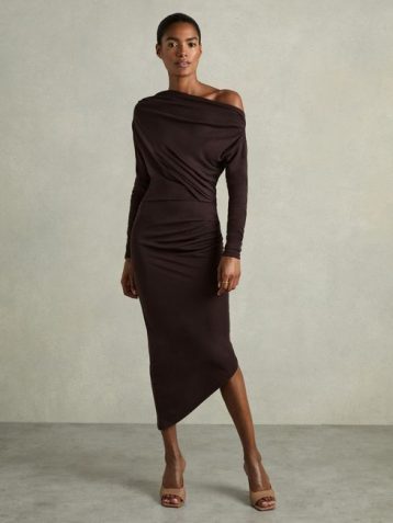 Reiss Fleur Off-The-Shoulder Ruched Jersey Midi Dress Brown