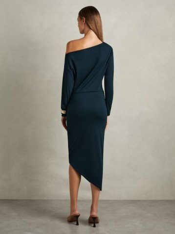 Reiss Fleur Off-The-Shoulder Ruched Jersey Midi Dress Teal