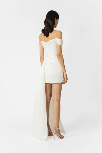 Sau Lee Brenda One-shoulder corset satin mini with detachable train white