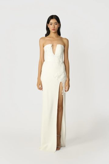 Sau Lee Flora Plunging floral lace Strapless Gown White