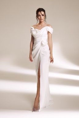 Ana Radu floral-appliqué draped bridal gown Ivory White