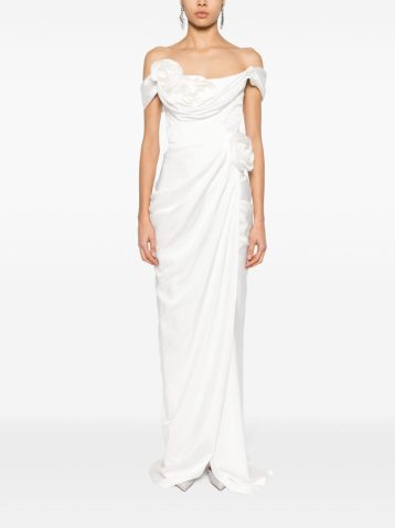 Ana Radu floral-appliqué draped bridal gown Ivory White