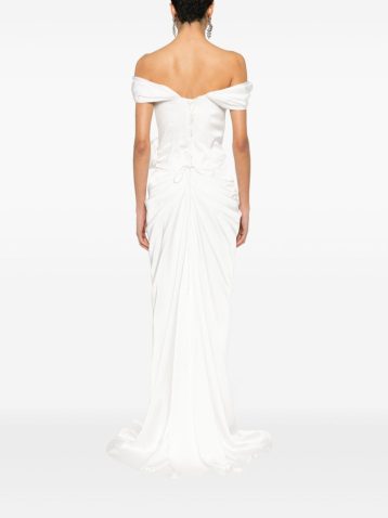 Ana Radu floral-appliqué draped bridal gown Ivory White