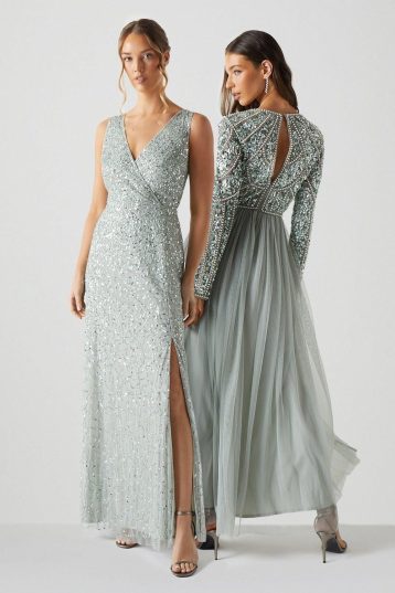 Coast Sleeveless Wrap Front All Over Sequin Maxi Sage Green