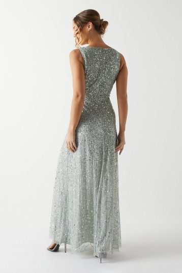 Coast Sleeveless Wrap Front All Over Sequin Maxi Sage Green