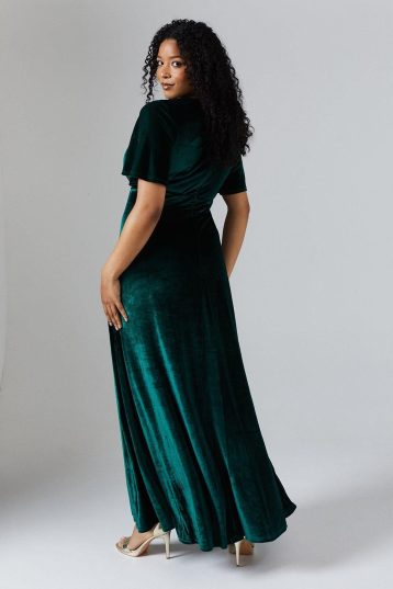 Coast V Neck Angel Sleeve Velvet Bridesmaid Maxi Dress Green