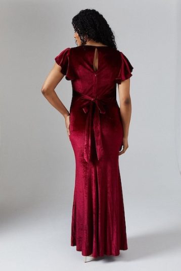 Coast V Neck Ruffle Sleeve Velvet Bridesmaid Dress Malbec