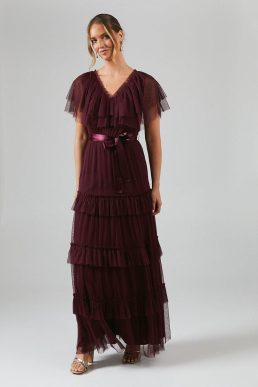 Coast V Neck Tiered Mesh Maxi Bridesmaid Dress Malbec