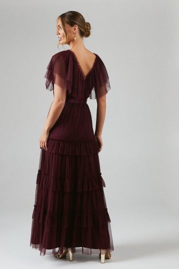 Coast V Neck Tiered Mesh Maxi Bridesmaid Dress Malbec