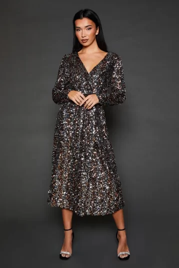 DP Luxe Multi Sequin Wrap Belted Midi Dress Multi