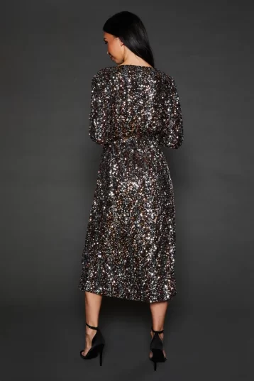 DP Luxe Multi Sequin Wrap Belted Midi Dress Multi