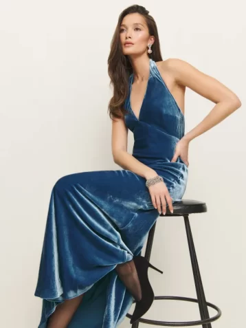 Reformation Daniella Velvet Dress Starry Night Blue