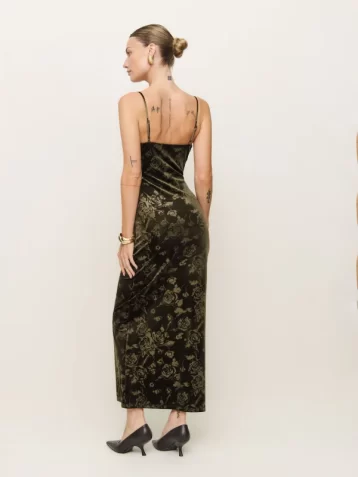 Reformation Elise Knit Dress Green Floral Velvet