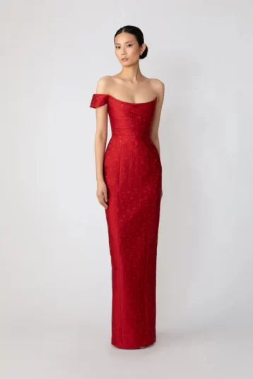 Sau Lee Jackson Jacquard Gown Red