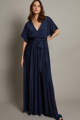 Monsoon Jillian drape bridesmaids dress navy blue