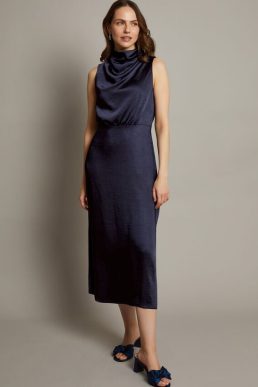 Monsoon Livia satin cowl halter midi dress navy blue