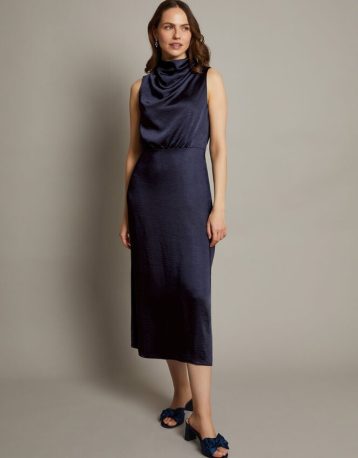 Monsoon Livia satin cowl halter midi dress navy blue