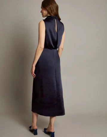 Monsoon Livia satin cowl halter midi dress navy blue