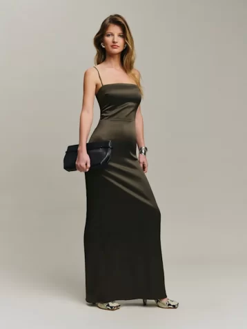 Reformation Frankie Satin Dress Brown Pine Tree