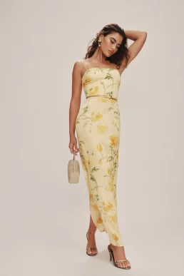 Reformation Frankie Silk Floral Dress Honeyglow Yellow Multi