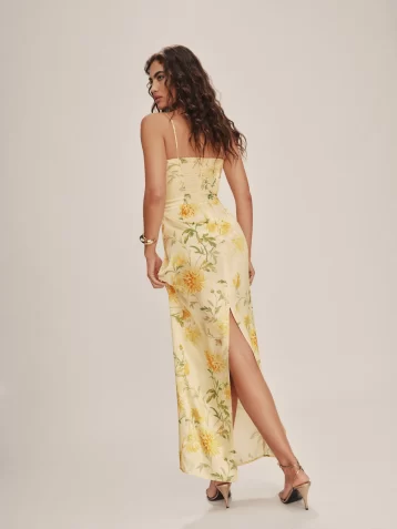 Reformation Frankie Silk Floral Dress Honeyglow Yellow Multi