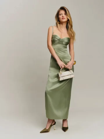 Reformation Stormi Satin Dress Artichoke Green