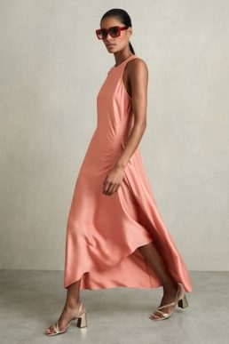 Reiss Anessa Satin Shirred Midi Dress Coral