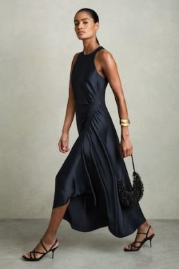 Reiss Anessa Satin Shirred Midi Dress Navy Blue