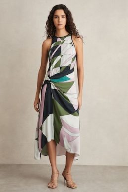 Reiss Avia Geometric-Print Gathered Midi Dress Green multi