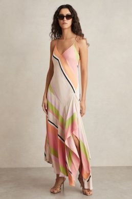 Reiss Hallia Stripe-Print Handkerchief Maxi Dress Pink Green