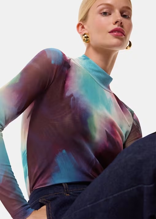 Multicolour Oil Paint Print Mesh Top